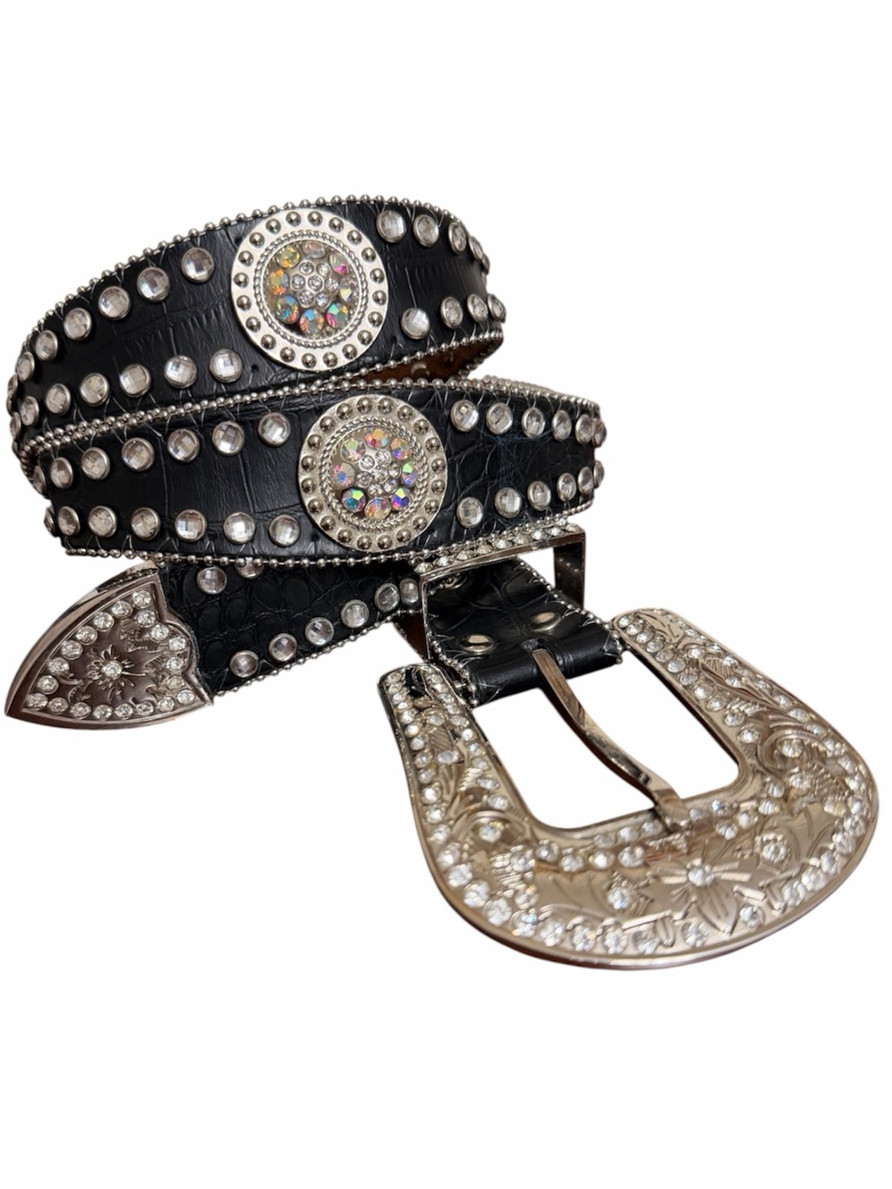 Blazin' Roxx Black Scallop Rhinestone Concho Western Belt Silver Bling Buckle